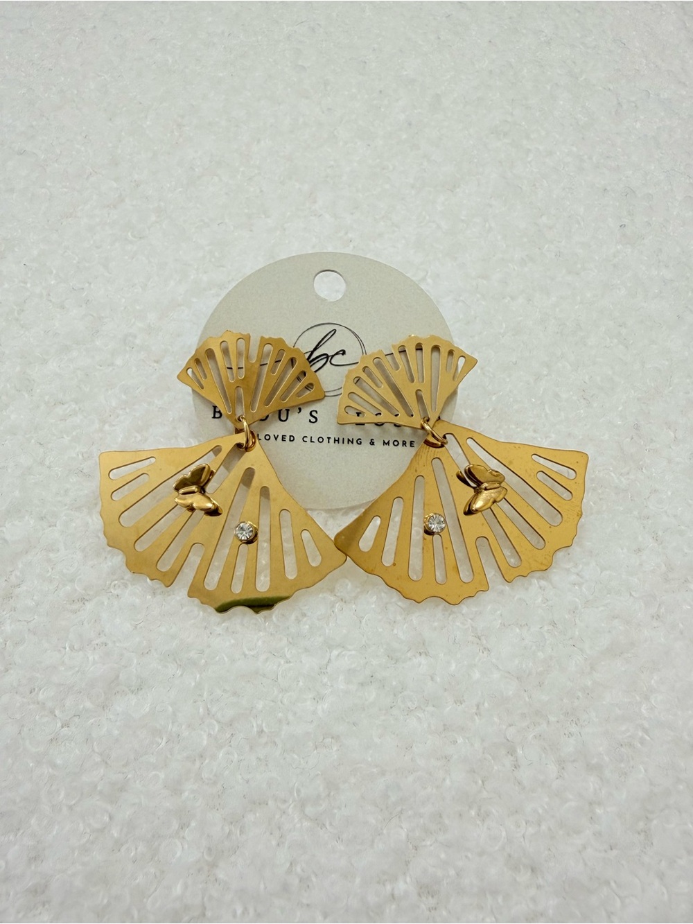 Gold Fan Drop Earrings with Crystal Accent - Unbranded